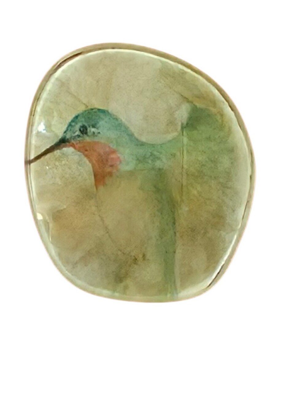 Vintage Hand Painted Hummingbird Brooch Oval Art Pin Gold Tone Bird Jewelry
